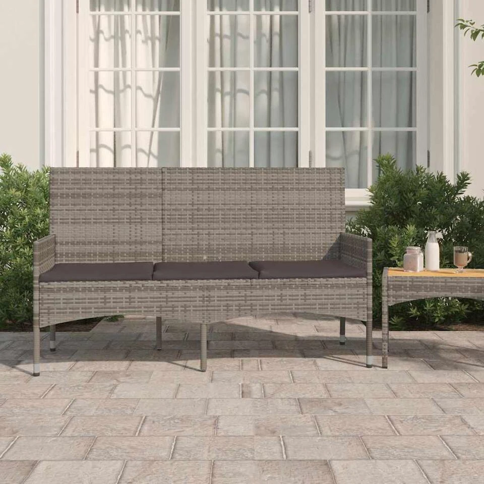 VidaXL - Tuinbank 3-zits Met Kussens - Grijs Poly Rattan - 140x51x85 Cm 2 VidaXL - Tuinbank 3-zits Met Kussens - Grijs Poly Rattan - 140x51x85 Cm - Afbeelding 2