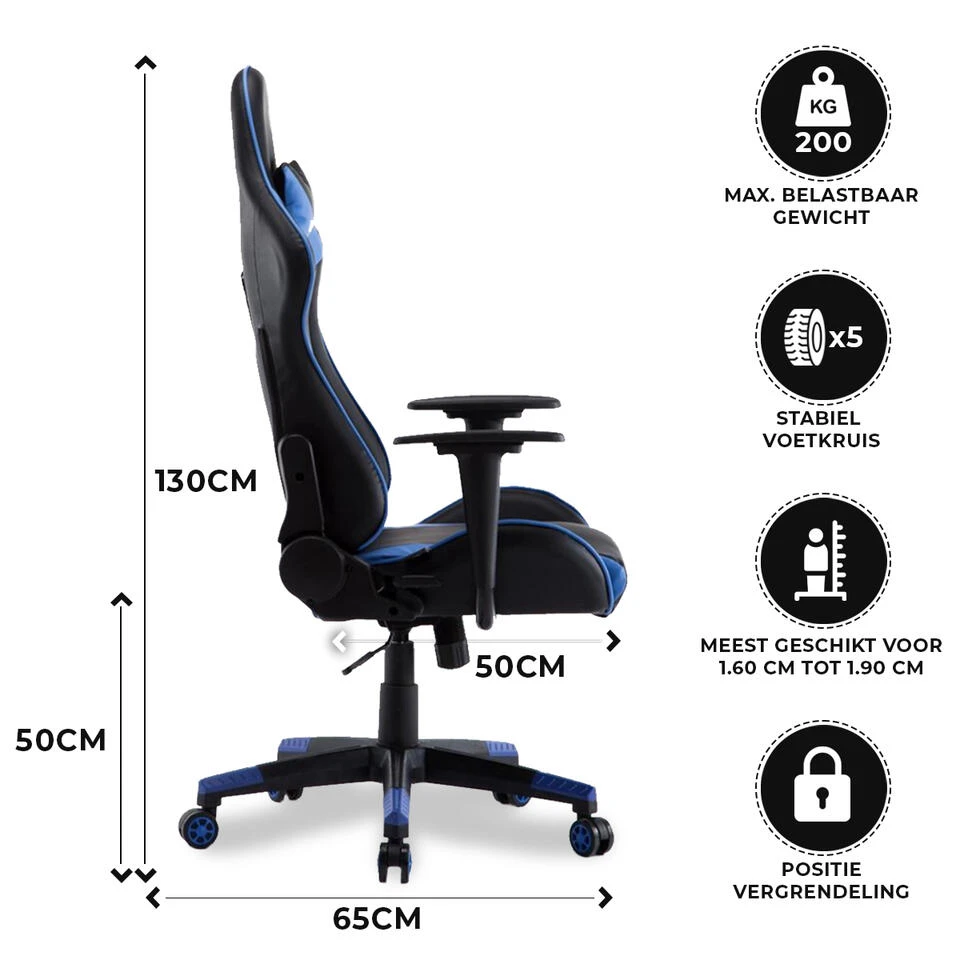 Gamestoel Las Vegas - Zwart / Blauw - Gaming Stoel - Bureaustoel 3 Gamestoel Las Vegas - Zwart / Blauw - Gaming Stoel - Bureaustoel - Afbeelding 3