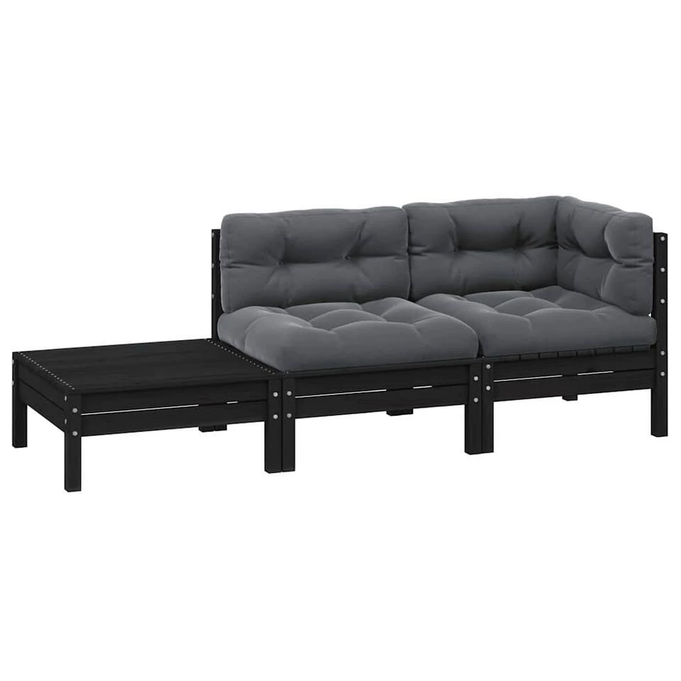 VidaXL 3-delige Loungeset Met Kussens Massief Grenenhout Zwart 1 VidaXL 3-delige Loungeset Met Kussens Massief Grenenhout Zwart