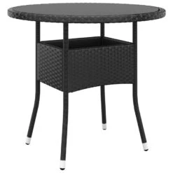 VidaXL Tuintafel Ø80x75 Cm Gehard Glas En Poly Rattan Zwart