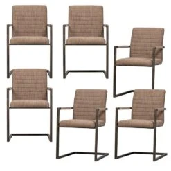 WOOOD Bas Eetkamerstoelen - Geweven Stof - Bruin Melange - Set Van 6