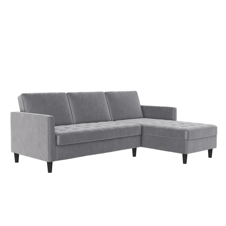 Presley - 3-zits Hoekslaapbank Met Opbergruimte In Grijs Fluweel 1 Presley - 3-zits Hoekslaapbank Met Opbergruimte In Grijs Fluweel
