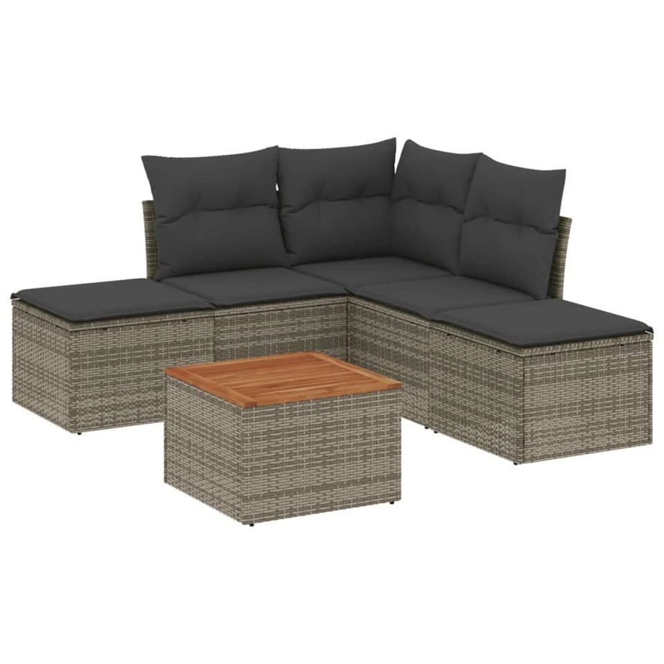VidaXL 6-delige Loungeset Met Kussens & Hout Salontafel - Grijs - Poly Rattan 1 VidaXL 6-delige Loungeset Met Kussens & Hout Salontafel - Grijs - Poly Rattan