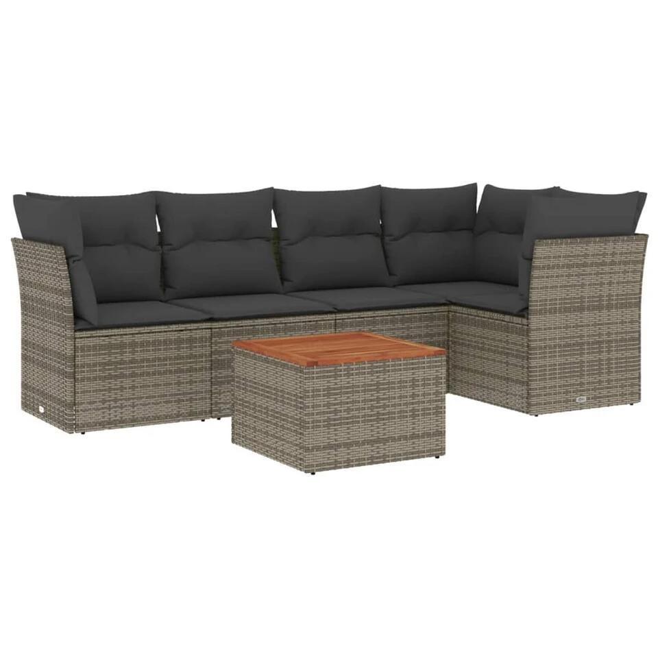 VidaXL Loungeset Met Kussens & Salontafel - Grijs - Poly Rattan - 6 Stuks 1 VidaXL Loungeset Met Kussens & Salontafel - Grijs - Poly Rattan - 6 Stuks