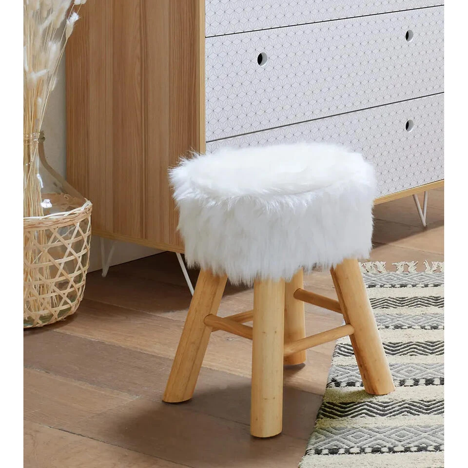 Atmosphera Bijzet/zit Krukje Oslo - Hout/stof - Wit - H42 Cm 2 Atmosphera Bijzet/zit Krukje Oslo - Hout/stof - Wit - H42 Cm - Afbeelding 2