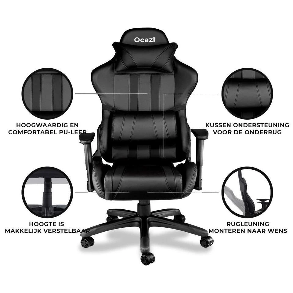 Ocazi Chicago Gamingstoel - Bureaustoel - Zwart 2 Ocazi Chicago Gamingstoel - Bureaustoel - Zwart - Afbeelding 2