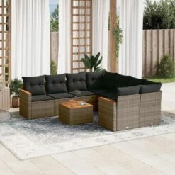 VidaXL 9-delige Loungeset Met Kussens En Hout Armsteun - Grijs - Poly Rattan -VIDAXL Winkel 2f55a58c3f1946adbf61742c45a51d07