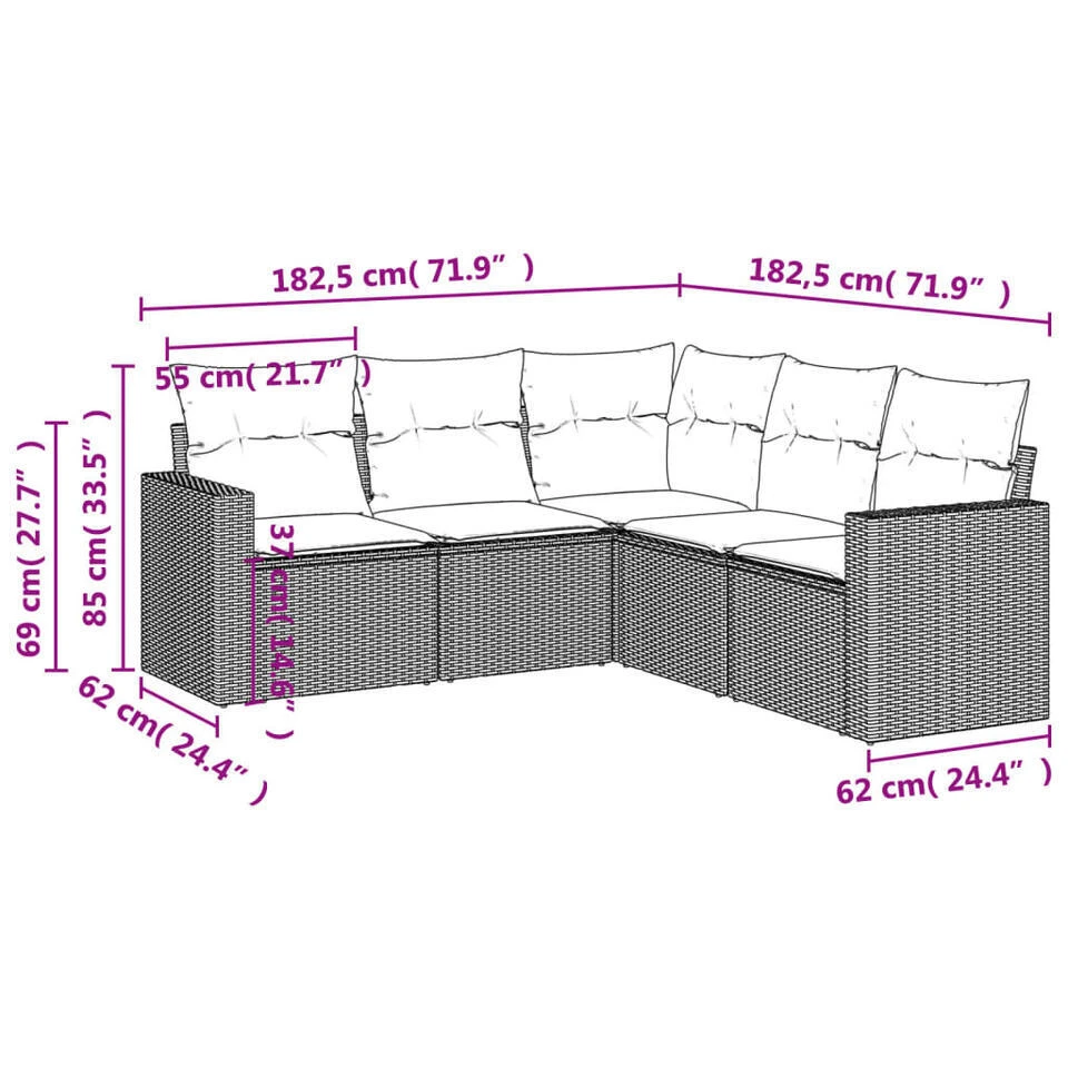 VidaXL Loungeset Met 5 Kussens Voor 5 Personen - Grijs - Poly Rattan - 5 Stuks 3 VidaXL Loungeset Met 5 Kussens Voor 5 Personen - Grijs - Poly Rattan - 5 Stuks - Afbeelding 3