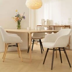 Nolon Nena-Mare Eetkamerstoel Bouclé Beige - Armleuning - Walnoot Poten -VIDAXL Winkel 5136cf83fdc642dda0afaf55dda0d756