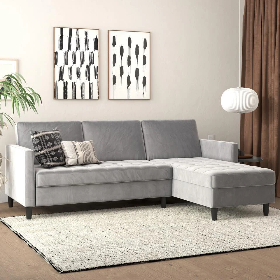 Presley - 3-zits Hoekslaapbank Met Opbergruimte In Grijs Fluweel 2 Presley - 3-zits Hoekslaapbank Met Opbergruimte In Grijs Fluweel - Afbeelding 2