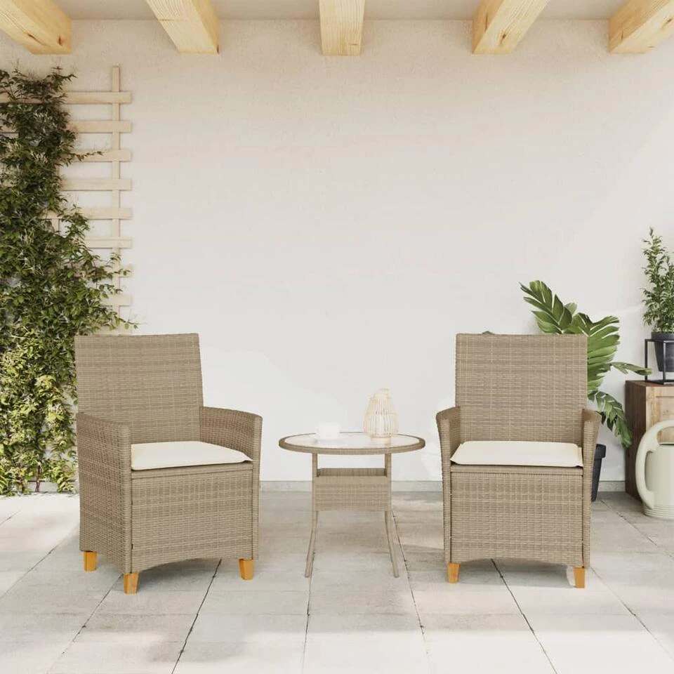 VidaXL - Tuinstoelen Met Kussens - Beige - Poly Rattan En Hout - 2 Stuks 3 VidaXL - Tuinstoelen Met Kussens - Beige - Poly Rattan En Hout - 2 Stuks - Afbeelding 3