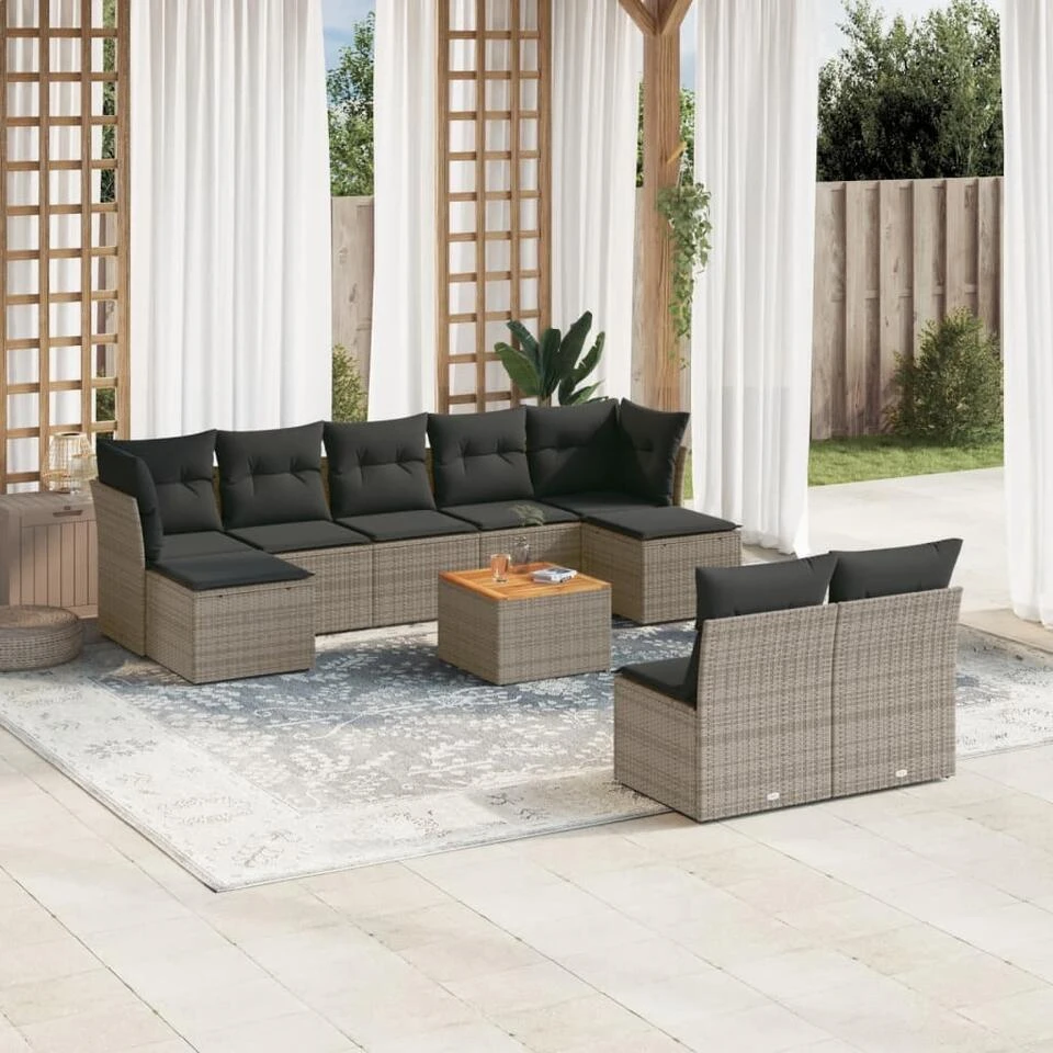 VidaXL 10-delige Loungeset Met Kussens & Salontafel - Grijs - Poly Rattan 2 VidaXL 10-delige Loungeset Met Kussens & Salontafel - Grijs - Poly Rattan - Afbeelding 2
