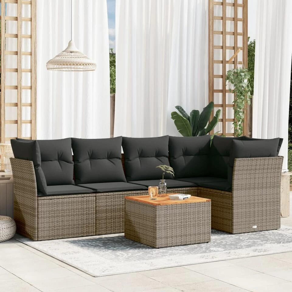 VidaXL Loungeset Met Kussens & Salontafel - Grijs - Poly Rattan - 6 Stuks 2 VidaXL Loungeset Met Kussens & Salontafel - Grijs - Poly Rattan - 6 Stuks - Afbeelding 2
