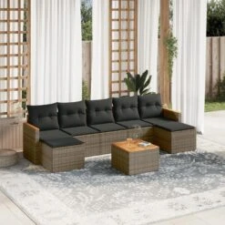VidaXL Loungeset Voor 7 Met Kussens En Salontafel - Gris - Poly Rattan - 8 Stuks -VIDAXL Winkel 792b6ff8a459428db66b4d323f0864fb