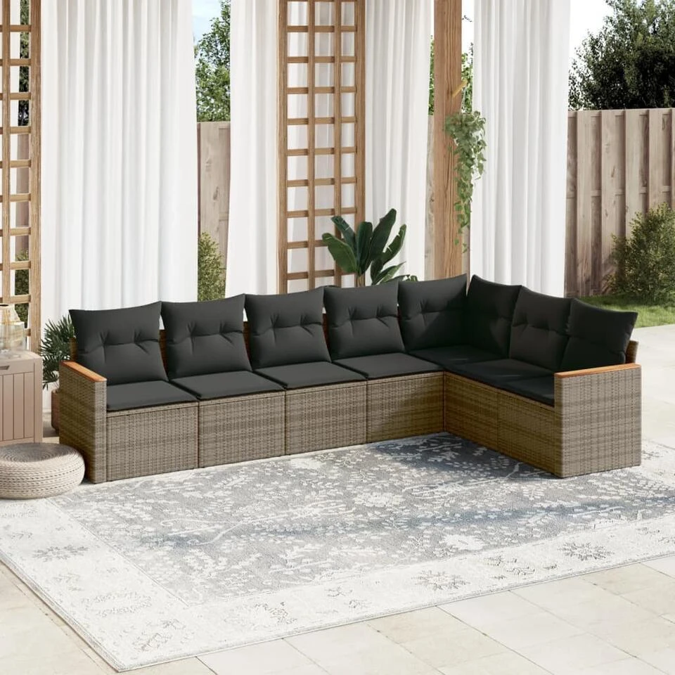 VidaXL Loungeset Met Kussens En Hout Armsteun - Grijs - Poly Rattan - 7 Stuks 2 VidaXL Loungeset Met Kussens En Hout Armsteun - Grijs - Poly Rattan - 7 Stuks - Afbeelding 2