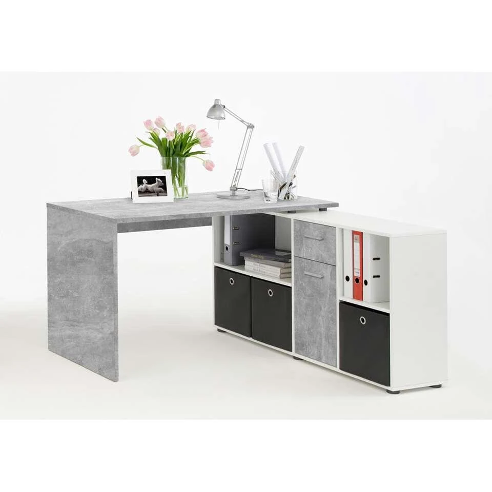 Hoekbureau Lex - Betonkleur/wit - 136x68x75 Cm 1 Hoekbureau Lex - Betonkleur/wit - 136x68x75 Cm