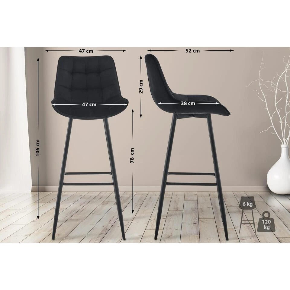 CLP Set Van 2 Barkruk Dartford Mat Zwart Frame - Fluweel - Zwart 2 CLP Set Van 2 Barkruk Dartford Mat Zwart Frame - Fluweel - Zwart - Afbeelding 2