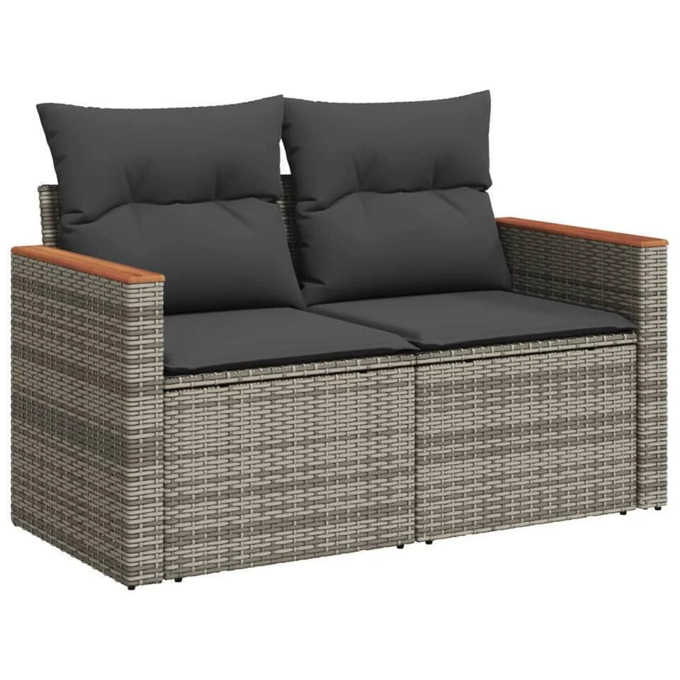 VidaXL Loungeset Met Kussens En Hout Armsteun - Grijs - Poly Rattan - 7 Stuks 3 VidaXL Loungeset Met Kussens En Hout Armsteun - Grijs - Poly Rattan - 7 Stuks - Afbeelding 3