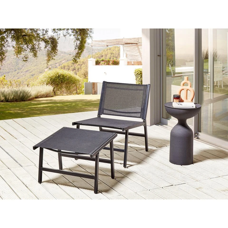 MARCEDDI -Tuinstoel Met Voetenbank - Zwart - Textileen 2 MARCEDDI -Tuinstoel Met Voetenbank - Zwart - Textileen - Afbeelding 2