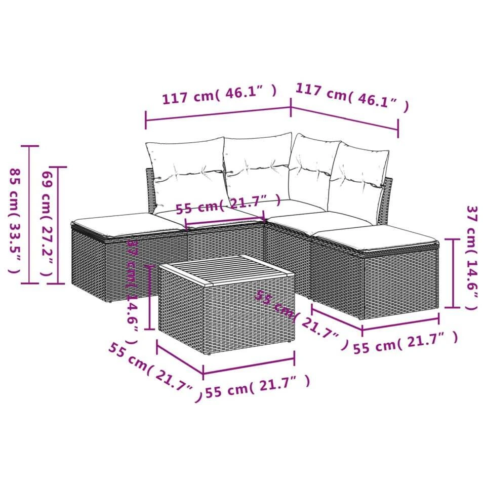 VidaXL 6-delige Loungeset Met Kussens & Hout Salontafel - Grijs - Poly Rattan 3 VidaXL 6-delige Loungeset Met Kussens & Hout Salontafel - Grijs - Poly Rattan - Afbeelding 3