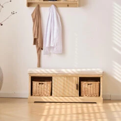 Houten Halbank Met 1 Deur En 2 Opbergvakken Met Beige Fluwelen -VIDAXL Winkel e055179d33a24bef8fdd84609b488ea0